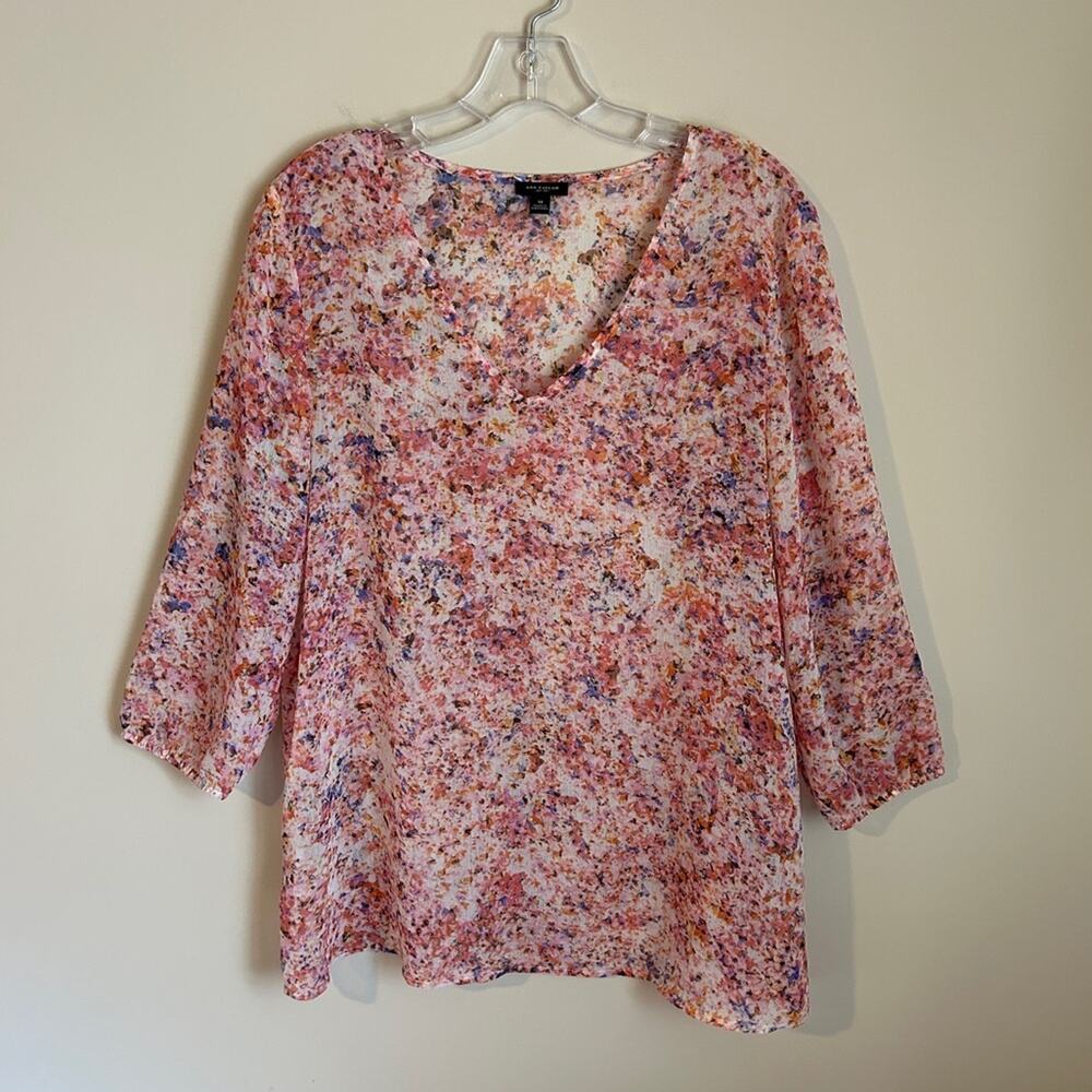Ann Taylor Pink Orange Purple Floral V Neck Crop Sleeve Tunic Blouse Size Medium